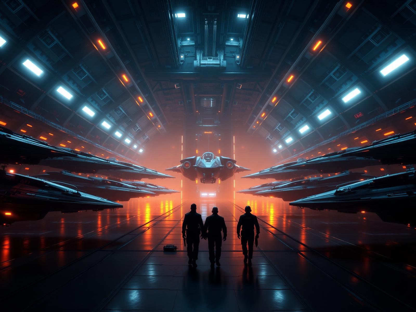 Sci-fi hangar bay with pilots and ships
